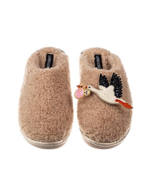 Laines London Natural Neutrals Toffee Teddy Closed Toe Slippers With Baby Girl Stork Brooches