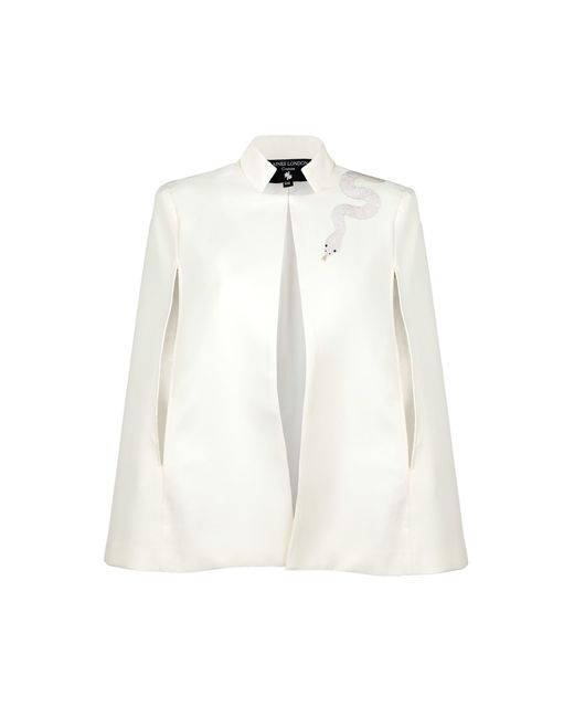 House of Laines London White Neutrals Ivory Couture Tailored Cape With Embellished Pearl Shoulder Snake
