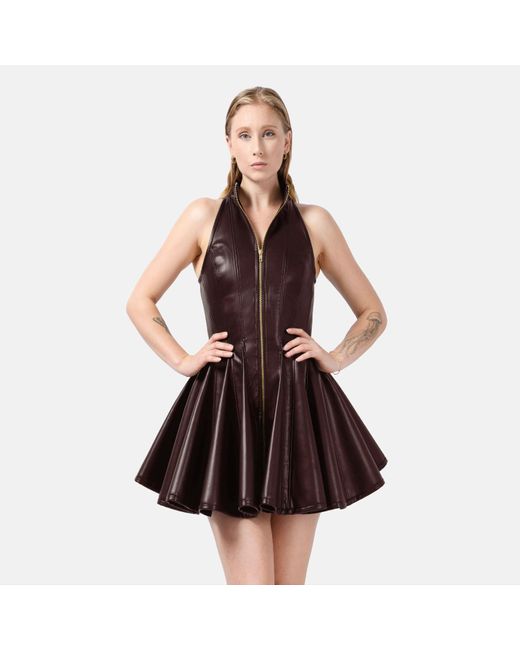 Kargede Brown Pleated Chocolate Leather Mini Dress – Evening Zip Up With High Neck & Designer Faux