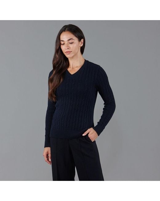 Paul James Knitwear Blue Cotton Talulah Cable V Neck Jumper