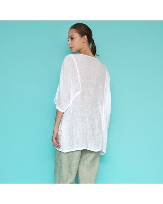 Haris Cotton Natural Neutrals Front Pocket Curve Linen Gauze Blouse With Batwing Sleeve Beach Sand