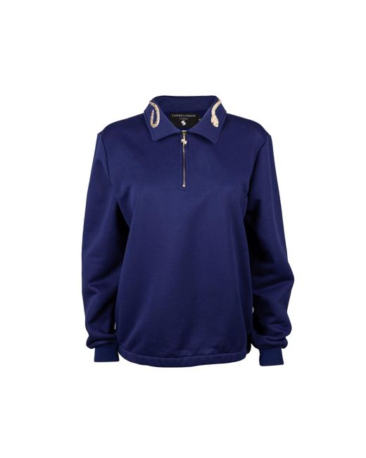 Laines London Blue Laines Couture Navy Quarter Zip Sweatshirt With Embellished Crystal & Pearl Snake