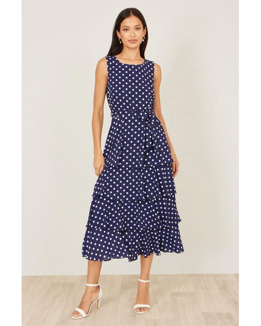 Yumi' Blue Spot Tiered Midi Dress