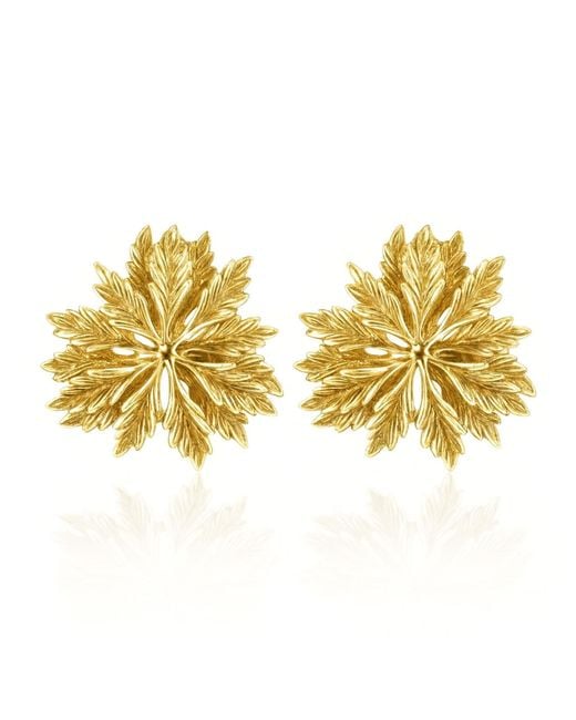 Unaloe Yellow Plated Leaf Floral Stud Earrings – Botanical Statement Design – Handmade Italian Jewelry For