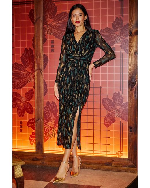 Yumi' Black Metallic Sparkle Mesh Wrap Midi Dress