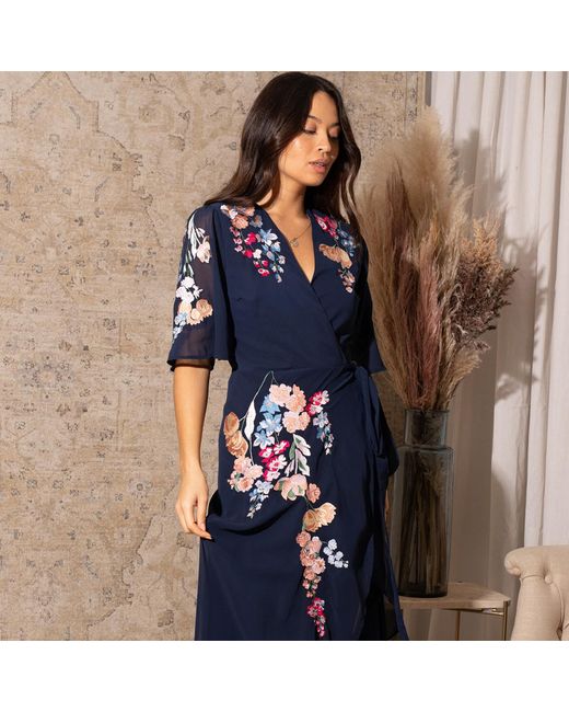 Hope & Ivy Blue The Gisela Embroidered Flutter Sleeve Maxi Wrap Dress With Tie Waist