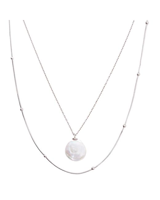 Spero London Metallic Baroque Flat Pearl Pendant & Italian Beaded Sterling Stacking Necklace Set
