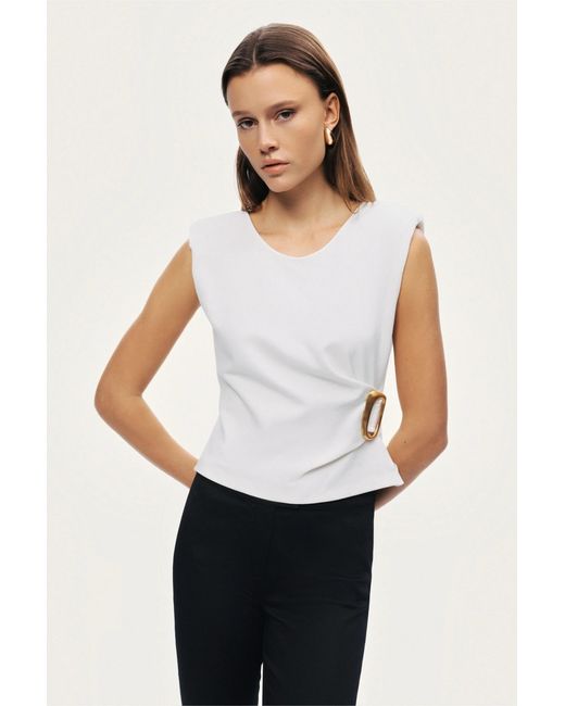 Nocturne White Sleeveless Buckle-Detail Blouse