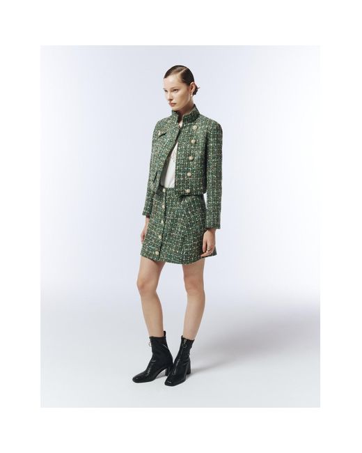 Sour Figs Green High-Neck Metallic Thread Bouclé Tweed Jacket
