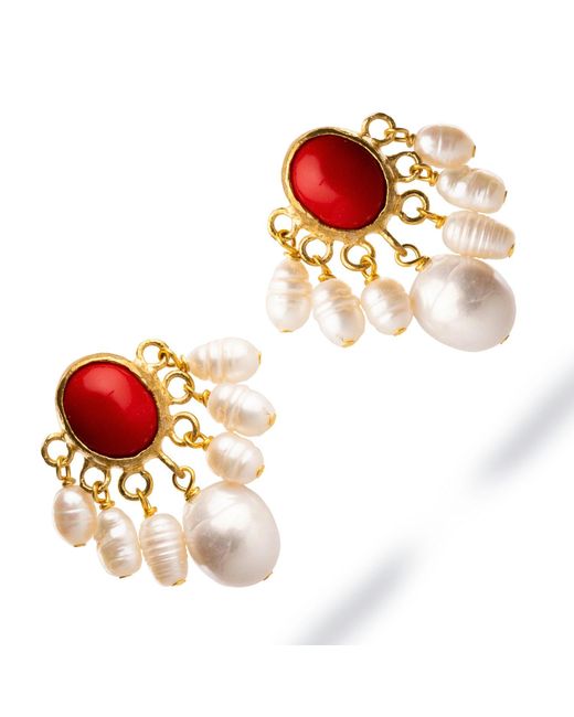 Ebru Jewelry Red Coral Pearl Cluster Drop Earrings