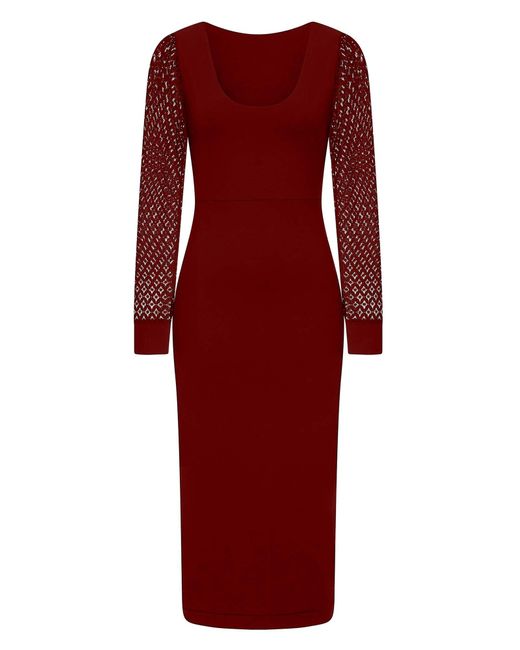 Sophie Cameron Davies Red Burgundy Lace Sleeve Jersey Midi Dress