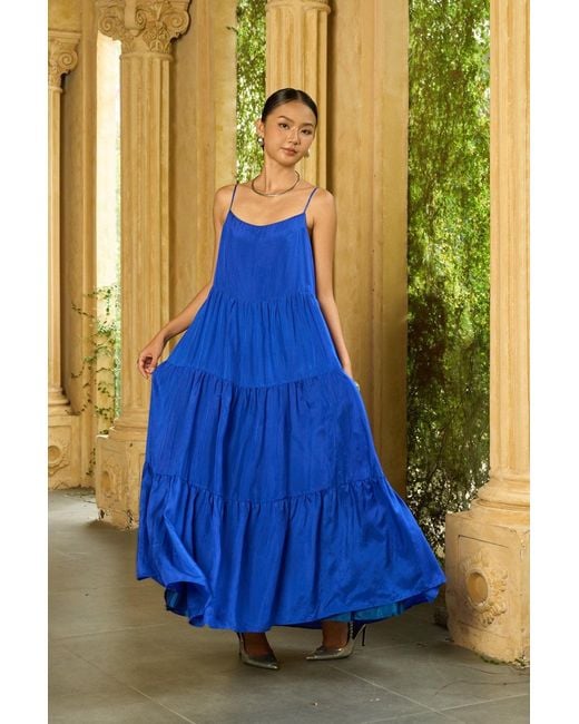Silk and Bears Blue Valentina Royal 100% Silk Tiered Maxi Dress — Habotai Silk