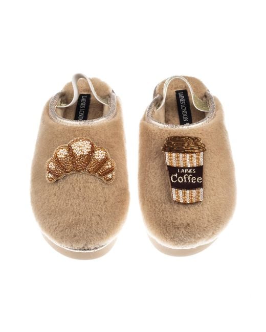 Laines London Brown Neutrals Flatform Cloud Closed Toe Slippers With Coffee & Croissant Brooches Brooches