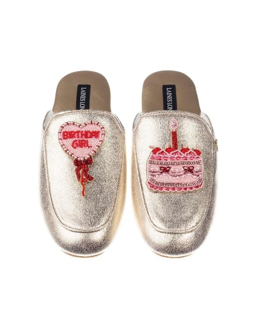 Laines London Pink Classic Mules With Birthday Girl & Birthday Cake Brooches