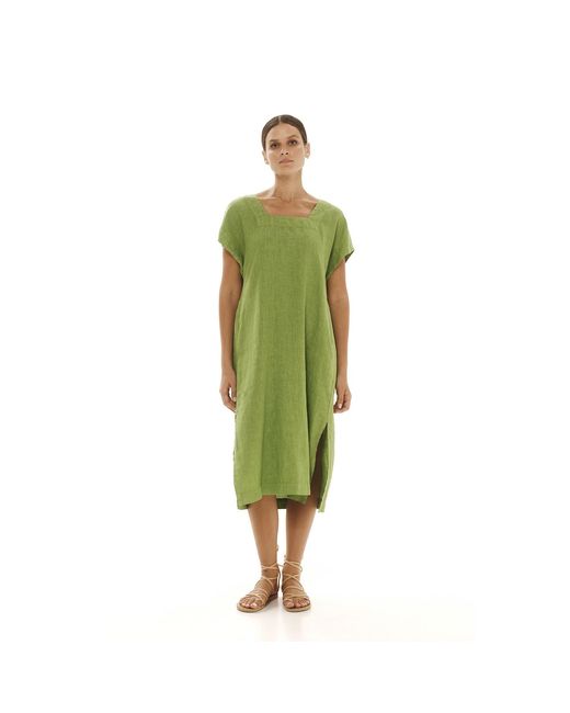 Haris Cotton Green Smock Linen Dress With Split Hem Avocado