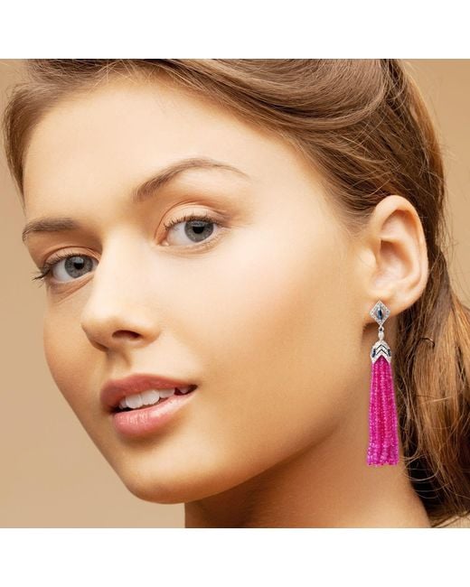 Artisan Pink Beaded Ruby, Spinel & Diamond Tassel Earrings