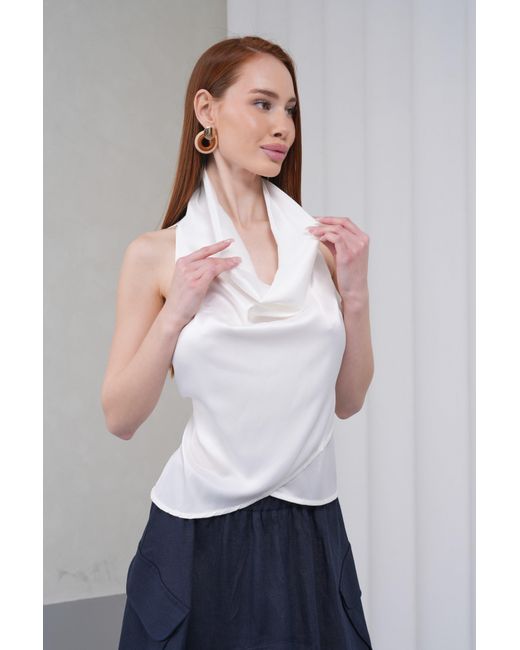 Lumina Eligma White Cascade Silk Cowl Top