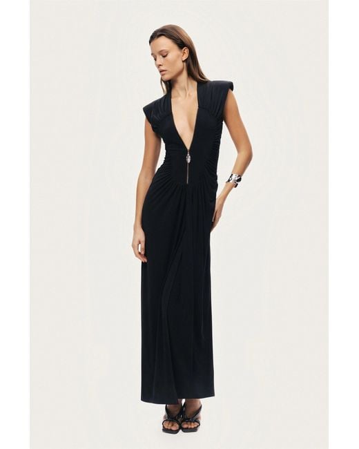 Nocturne Black Ruched Deep V-Neck Maxi Dress