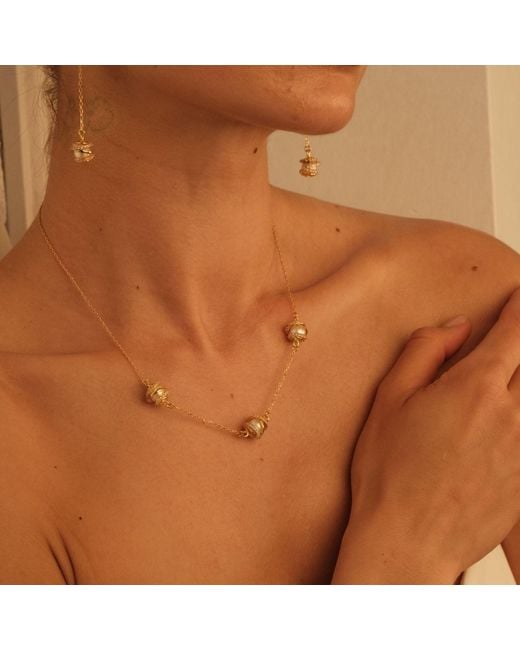 LINYA JEWELLERY Metallic Amour Triple Pearl Cage Chain Necklace