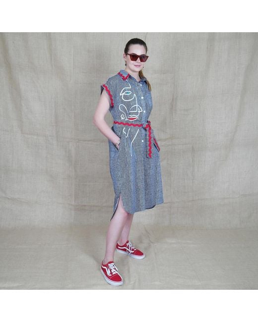 Lalipop Design Blue Pinstripe Cotton Shirtdress With Face Embroidery