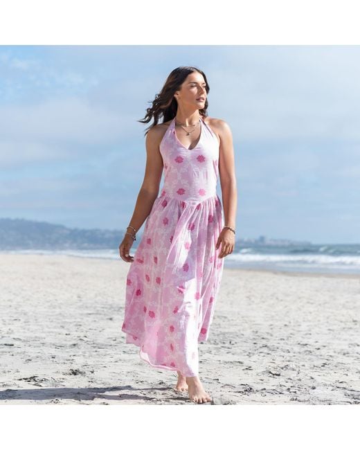 House of Gl Pink Padmae Hand-Block Cotton Halter Neck Midi Floral Dress