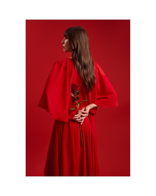 Femponiq Red Bow Tie Neck Cape Sleeve Maxi Dress