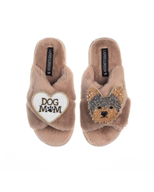 Laines London Brown Classic Laines Slippers With Minnie Yorkie & Dog Mum Mom Brooches