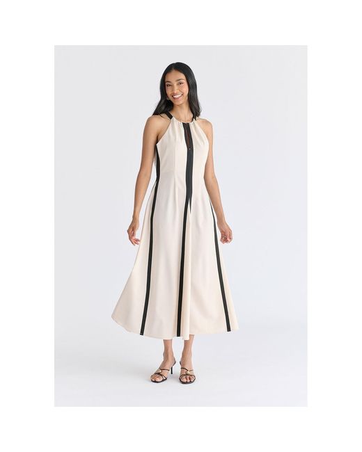 Paisie Natural Neutrals Contrast Details Halterneck Midi Dress