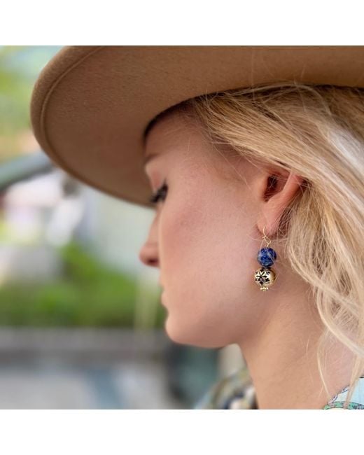Farra Blue Christmas Style Round Lapis Snowflake Dangle Earrings