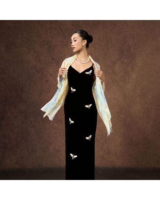 Silk and Bears Black Hand-Embroidered Bee Silk Velvet Evening Dress