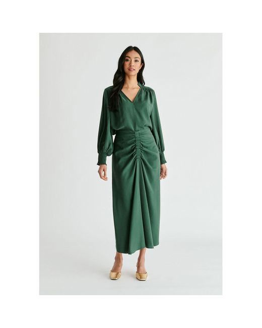 Paisie Green Ruched Front Midi Skirt