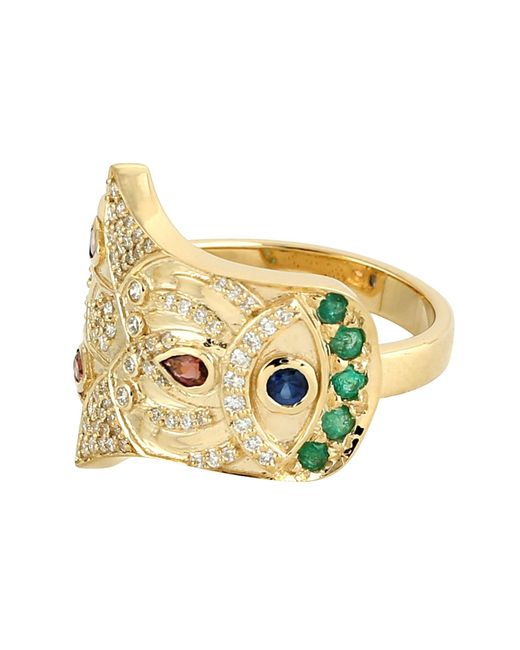 Artisan Metallic 14k With Tourmaline & Blue Sapphire Emerald Pave Diamond Designer Cocktail Ring