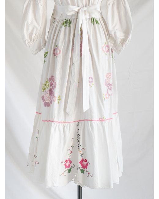 Sugar Cream Vintage White Re-design Upcycled Cotton Rose Cloth Patch Embroidery Maxi Dress