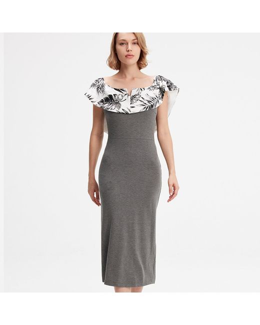 Smart and Joy Gray Bi-Material Bodicon Dress With Off-Shoulder Printed Ruffle