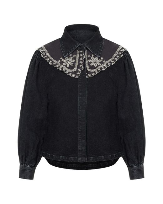 Nocturne Black Embroidered Collared Denim Shirt