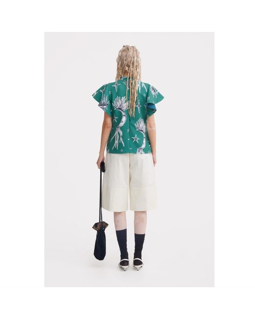 Julia Allert Green Stand Collar Ruffle Sleeve Blouse – Celestial Print