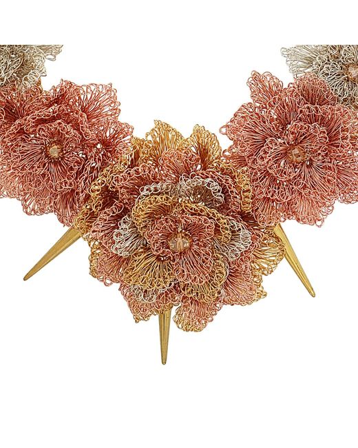 Lavish by Tricia Milaneze Brown Trio Gold Rose Spike Handmade Crochet Necklace