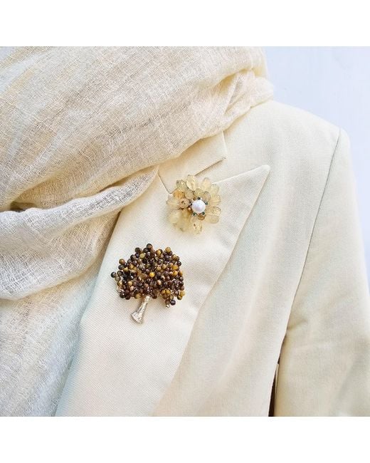 Farra Metallic Handcrafted Tree Shape Tiger-Eye Stone Brooch