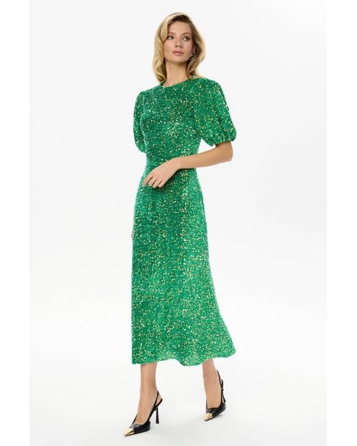 POST MERIDIEM Green Sequin Decorated Velvet Puff Sleeve Midi Dress