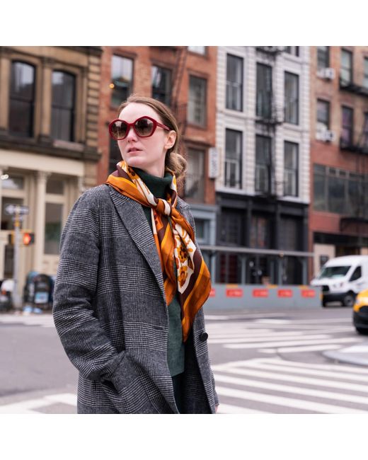 Jessie Zhao New York Brown Double Sided Silk Scarf Of Leopards With Floral Fountain