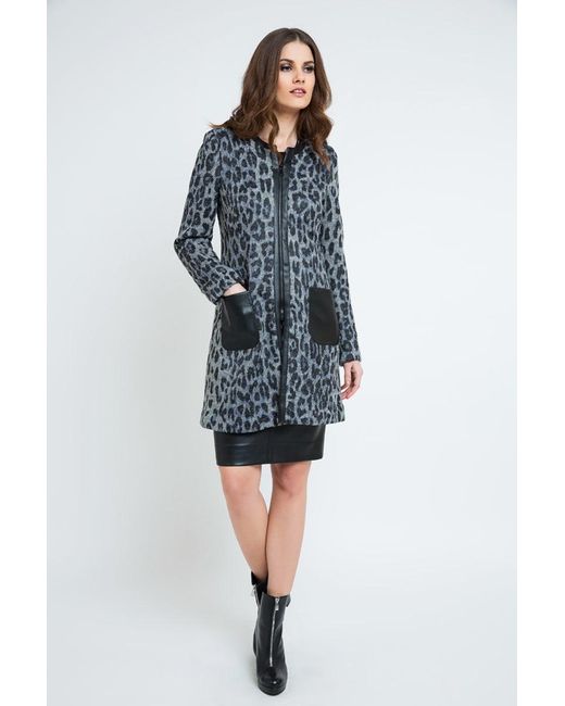 Conquista Black Animal Print Coat With Pleather Detail