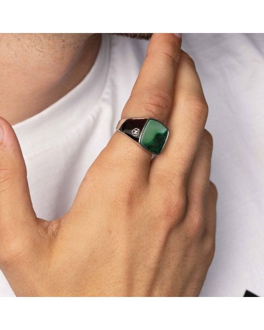 Nialaya Silver Signet Ring With Green Jade for men