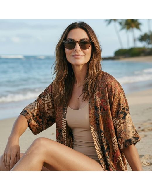 ORIGIN OF HEARTS Brown Tarua Resort Satin Kimono Shirt