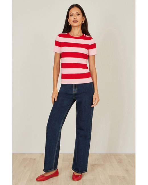 Yumi' Pink Block Stripe Knitted Top With Button Details