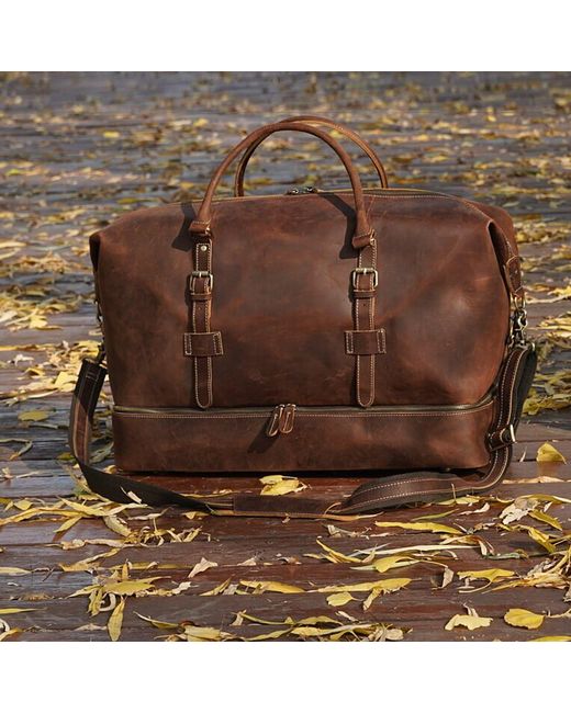 Touri Brown Genuine Leather Duffel With Suit Compartment for men