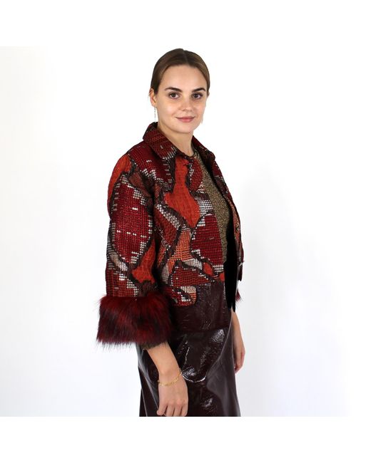 Lalipop Design Red Jacquard Jacket With Faux Fur Cuffs