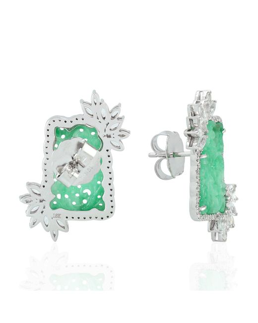 Artisan Green Carved Jade, Sapphire & Diamond Floral Earrings