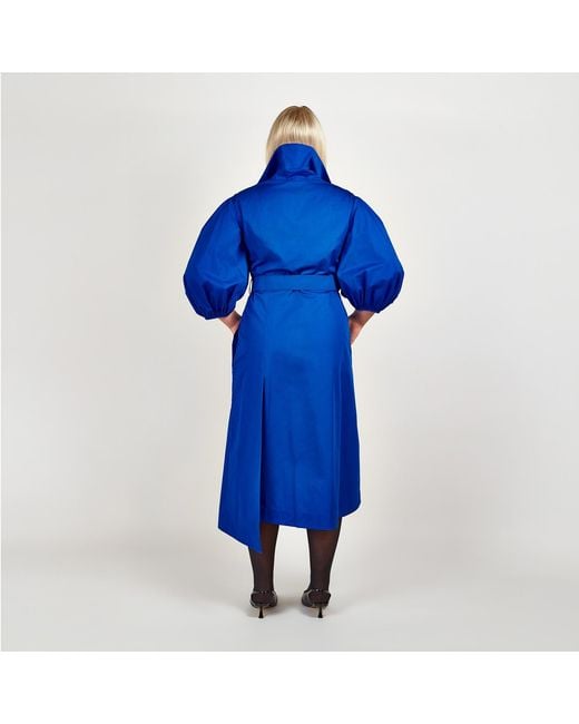 Femponiq Blue 'Wide Lapel Asymmetric Belted Midi Cotton Dress