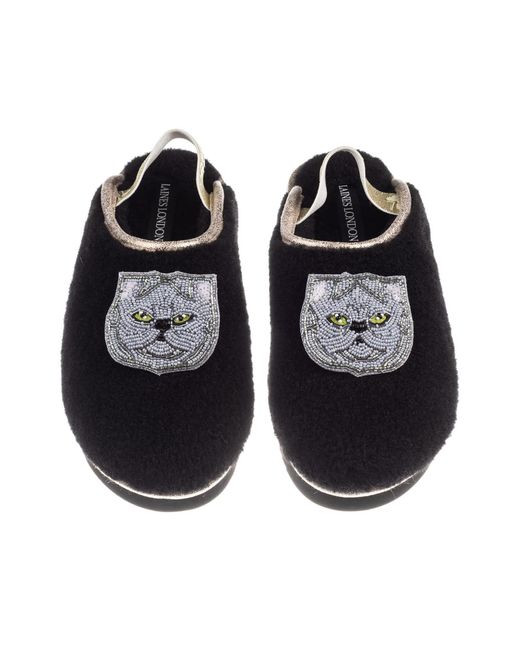 Laines London Black Flatform Cloud Slippers With Double Persian Cat Brooches