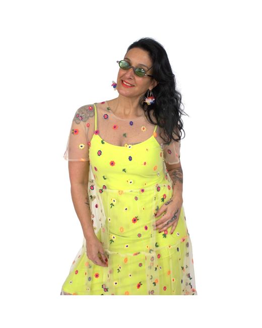 Lalipop Design Yellow Fluorescent Dress With Flower Embroidered Tulle